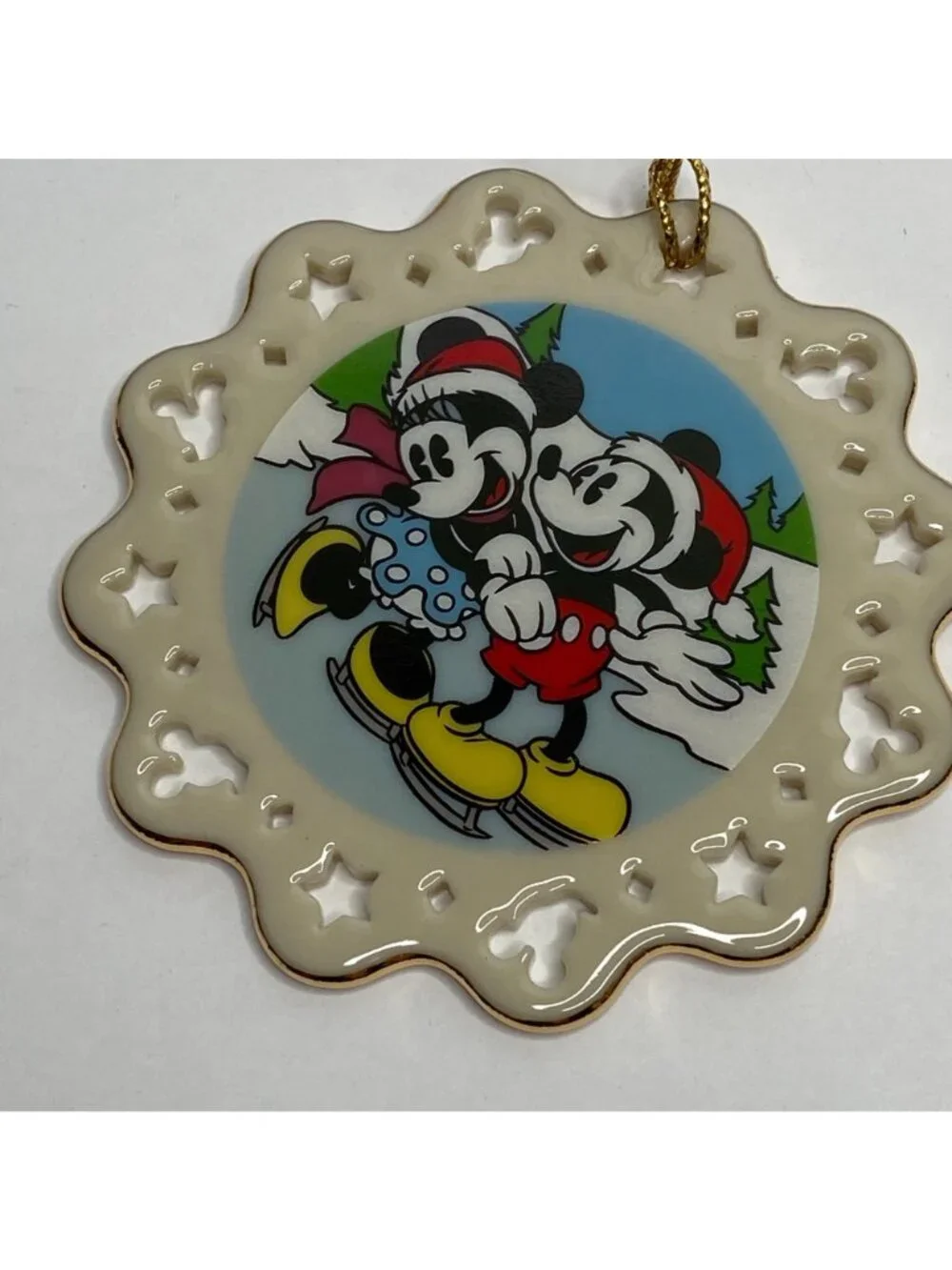 Lenox Mickey Co Christmas Ornament Gold Tassle Mickey Minnie Skating White Stars